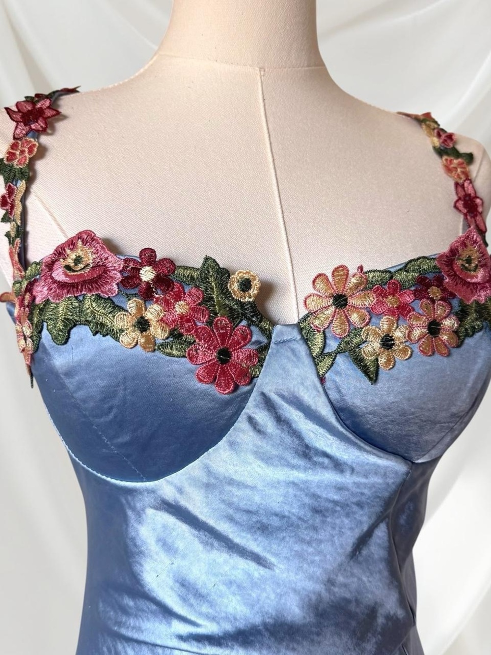 Floral Trim Satin Slip Dress in Light Blue - Picture 7 of 10